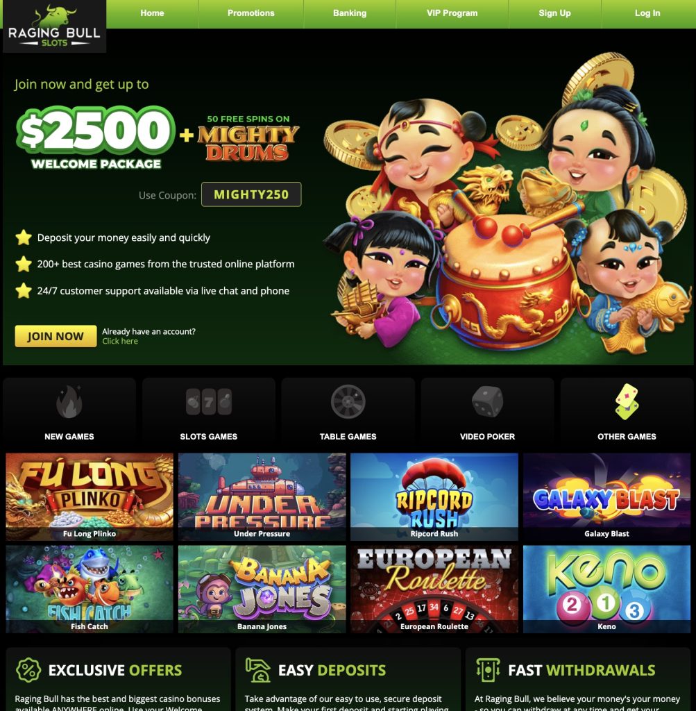 Raging Bull Slots $2500 Welcome Package and 50 Free Spins